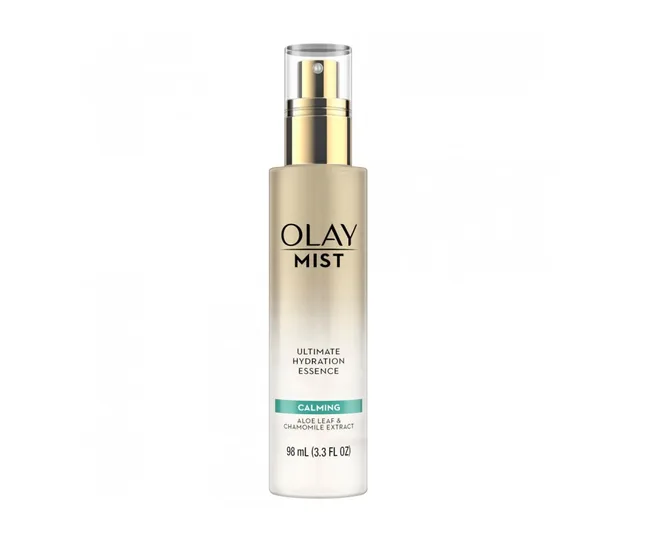 Olay Mist Ultimate Hydration Essence bottle with calming aloe leaf and chamomile extract, 98 mL size.