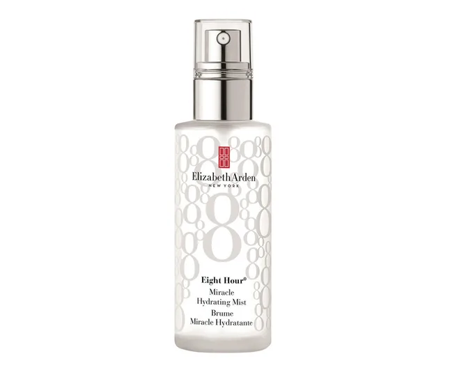 Bottle of Elizabeth Arden Eight Hour Miracle Hydrating Mist with silver spray top on white background.