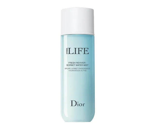 Dior Hydra Life Fresh Reviver Sorbet Water Mist in a blue cylindrical bottle with a white cap.