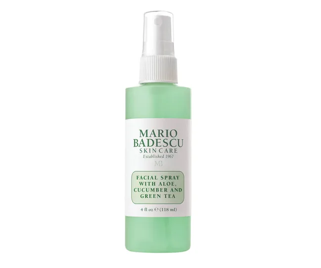 Mario Badescu Facial Spray with aloe, cucumber, and green tea in a green spray bottle, 4 fl oz.