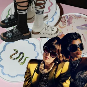 Fashionable scene with women in sunglasses and stylish outfits, and shoes on plates with artistic design.