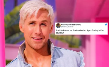 Ryan Gosling as Ken with a tweet comparing him to Freddie Prinze Jr's Fred in the Barbie movie context.