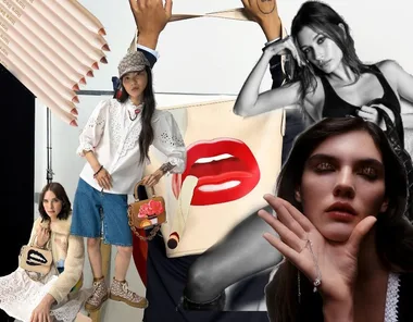 Fashion collage with models, stylish bags, and bold lips illustration on a magazine-style backdrop.