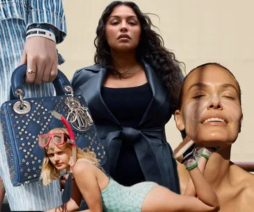 Collage of models featuring a Dior bag with stars, a woman in a dark coat, and playful summer elements.