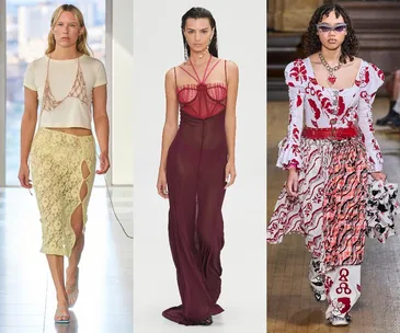 Three models on the runway showcasing SS23 trends: sheer top with lace skirt, red sheer dress, and vibrant printed ensemble.