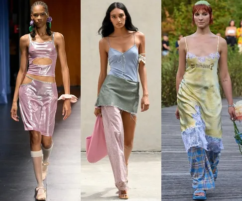 Three models walking the runway showcasing unique and colorful layered outfits at New York Fashion Week SS23.