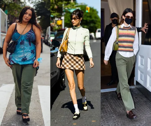 Three women showcase timeless fashion: tank top with green pants, plaid skirt with mint top, and striped vest with khaki pants.