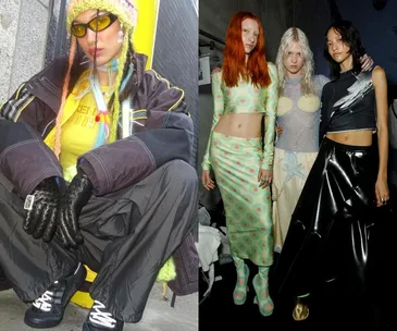 Four individuals in eclectic, colorful outfits exemplifying the "weird girl" aesthetic in street fashion.