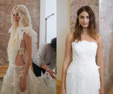 Two models in elegant white lace gowns backstage at Zimmermann Paris Fashion Week.