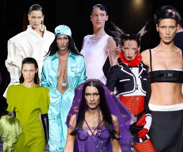 Collage of Bella Hadid in diverse high-fashion outfits on the runway, showcasing various stylish looks and themes.