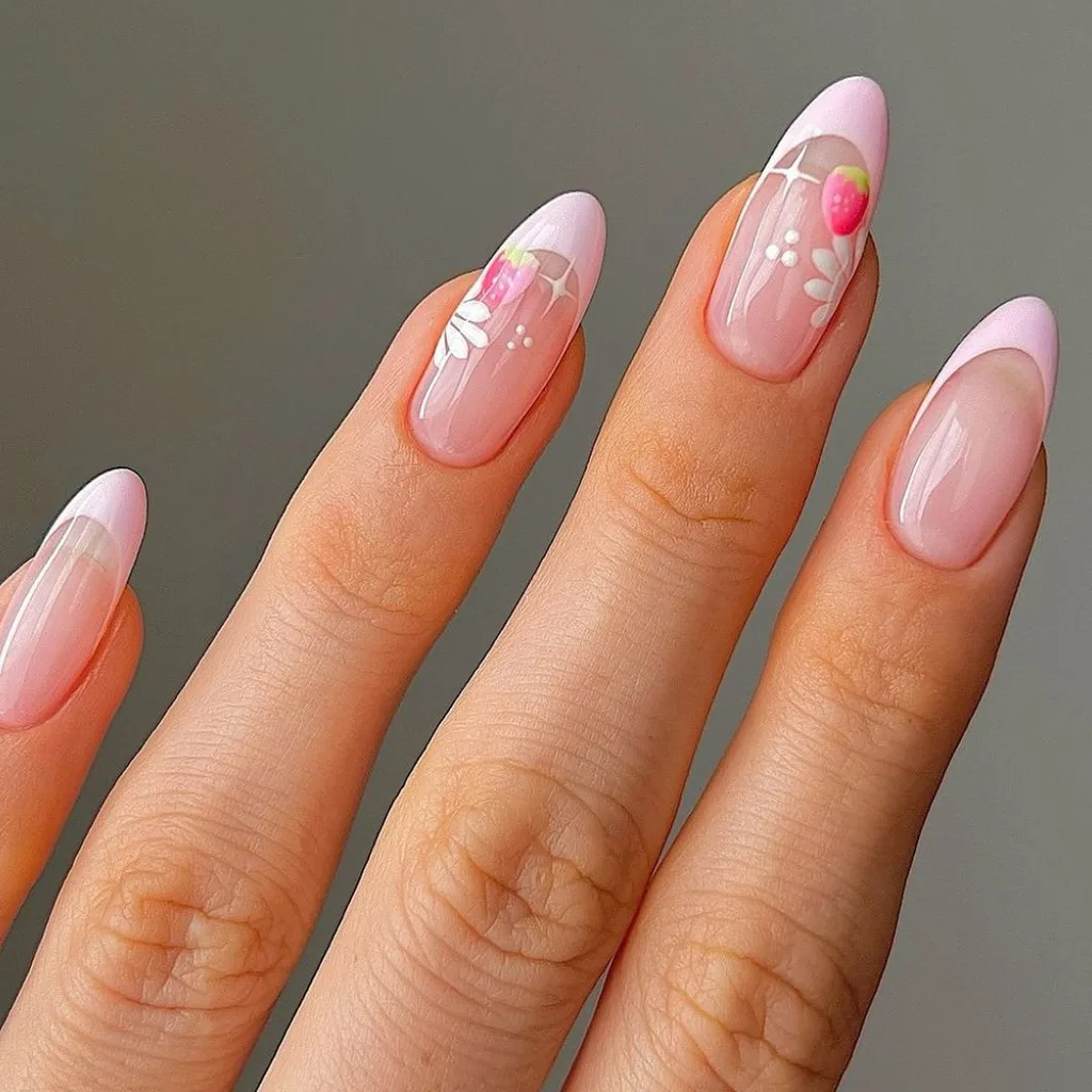 sheer pink french tipped manicures with strawberry and white starburst detail work