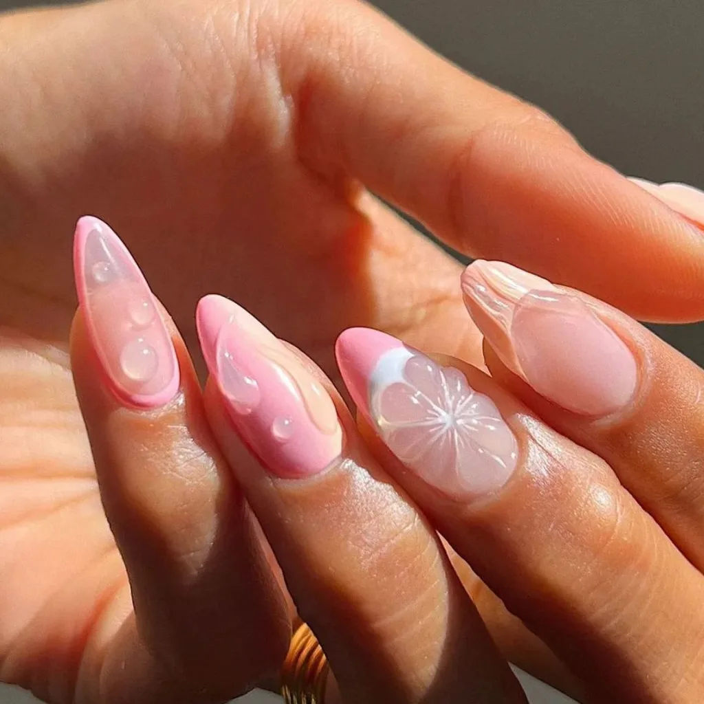 3D grapefruit pink nails