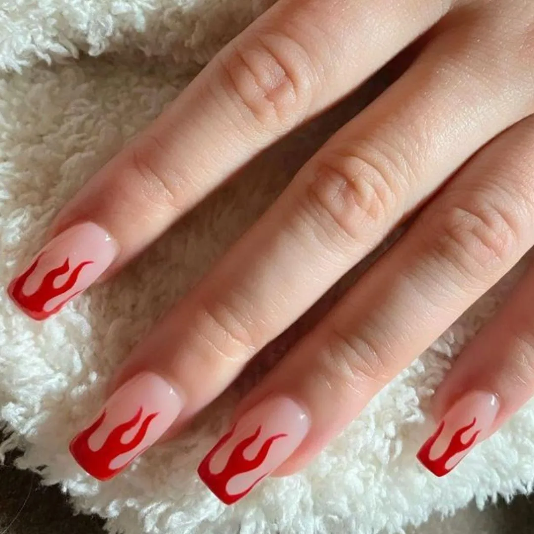 Squared off manicure with red flames