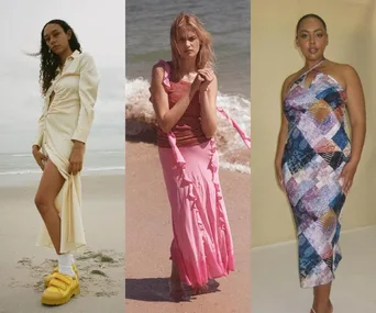 Three female models showcase elegant dresses on a beach and indoors, featuring New Zealand fashion.