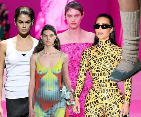 A collage of 2022 viral fashion moments featuring runway models and a celebrity in a Balenciaga outfit on a pink backdrop.
