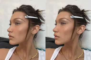 Side profile of a woman with natural makeup and a hair clip, illustrating jaw features.