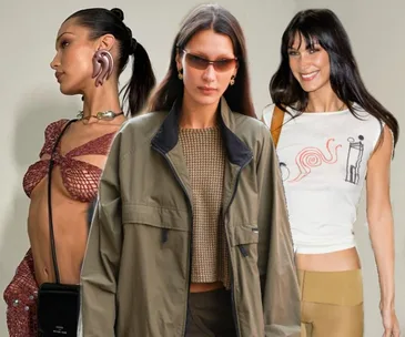 Collage of a woman in three stylish outfits: a net top, a jacket with sunglasses, and a graphic tee smiling.