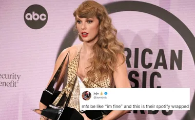 A person in a gold dress holding awards with a tweeted meme about Spotify Wrapped superimposed.