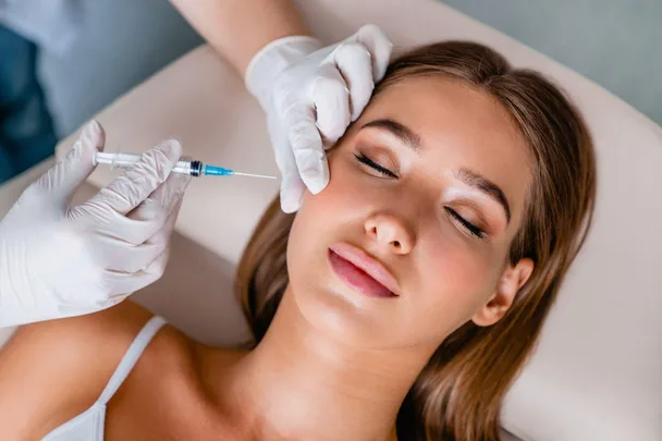 Woman receiving a Botox injection in her forehead while lying down, eyes closed.
