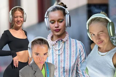 Women posing with Apple AirPods Max headphones in various outfits, winking and smiling.