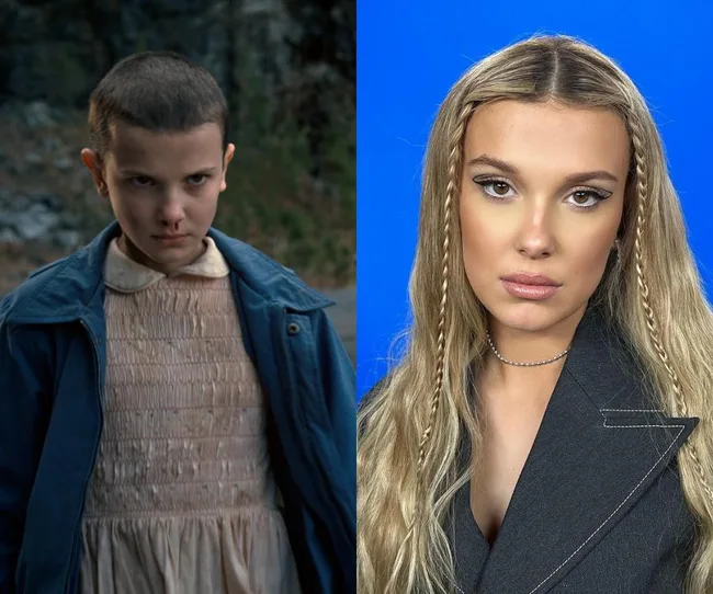 Two side-by-side images: a person with short hair and serious expression, and the same person with longer hair and a neutral face.