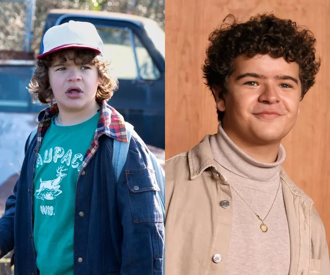 Two side-by-side images of the same young person, one in a hat and plaid, the other in a turtleneck and necklace.