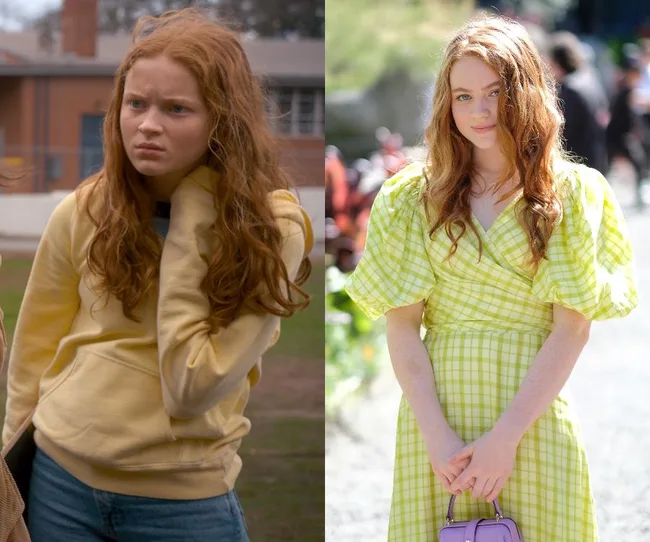 Red-haired woman in a yellow hoodie on left, wearing a yellow plaid dress on right, outdoors in natural light.