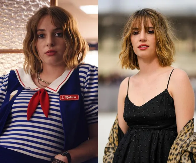 Young woman in "Robin" sailor costume on left, in a black dress on right, with short wavy hair in both images.