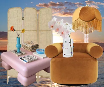 Collage of 2023 interior trends: pink coffee table, mustard chair, flowers, fringed lamp, and sunset backdrop.