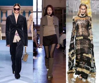 Three models showcasing fall/winter 2023 fashion: tailored suit, layered knit, and textured gown on the runway.