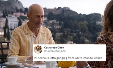 A man in a striped shirt sits at an outdoor table with a scenic hillside view, tweet text overlayed.