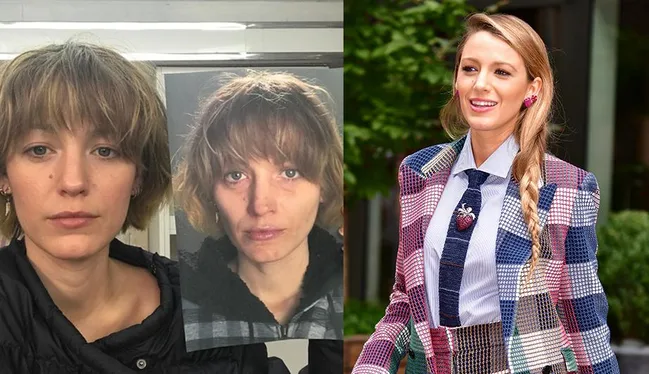 Two images: Left shows a woman with short hair, holding a photo of herself; right shows a woman in a colorful plaid suit.