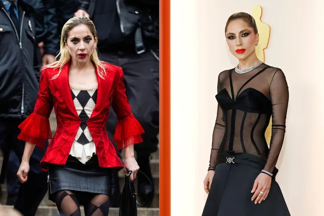 Two women in contrasting outfits: one in red jacket with a harlequin top, the other in a sheer black dress.