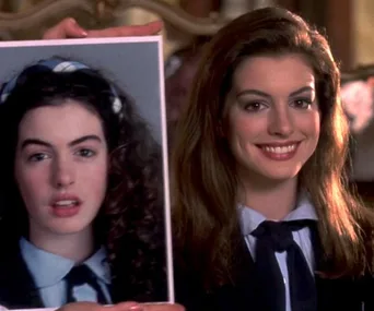 Young woman in school uniform holding a photo of her earlier appearance with curly hair, before makeover.