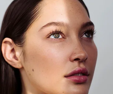 Close-up of a woman with clear skin, looking upwards, highlighting natural freckles and a beauty mark near her cheek.