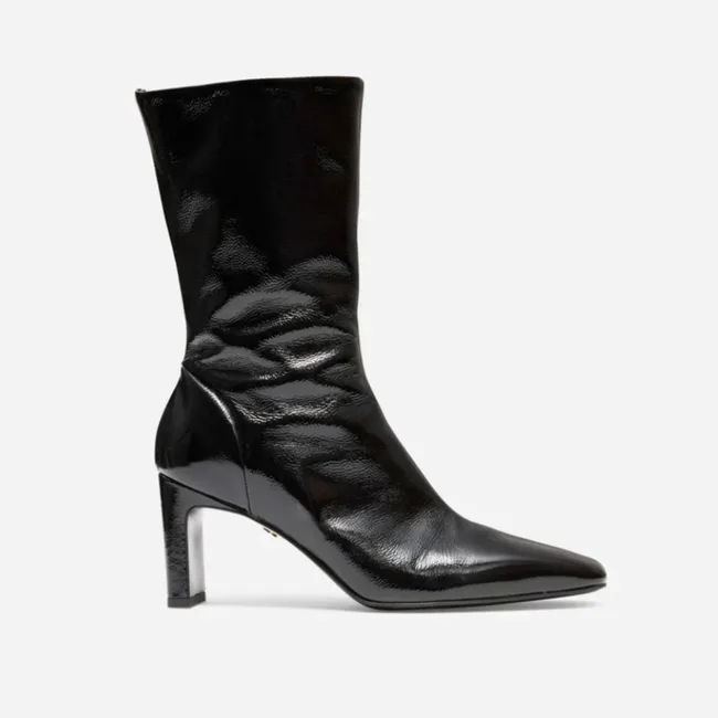patent black high heel ankle boot
