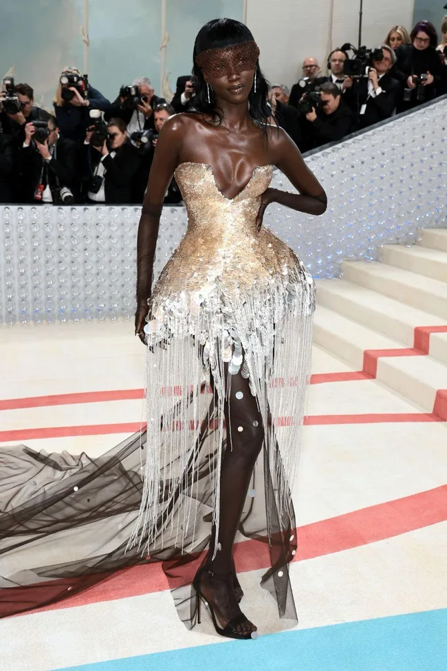 Person wearing a glittering gold and silver dress with fringe details, posing on a red carpet with photographers.