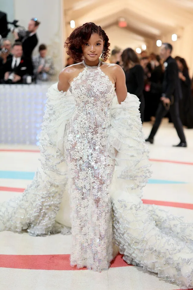 A woman in a shimmering, lace gown with a flowing ruffled cape at a prestigious event, photographed on the red carpet.