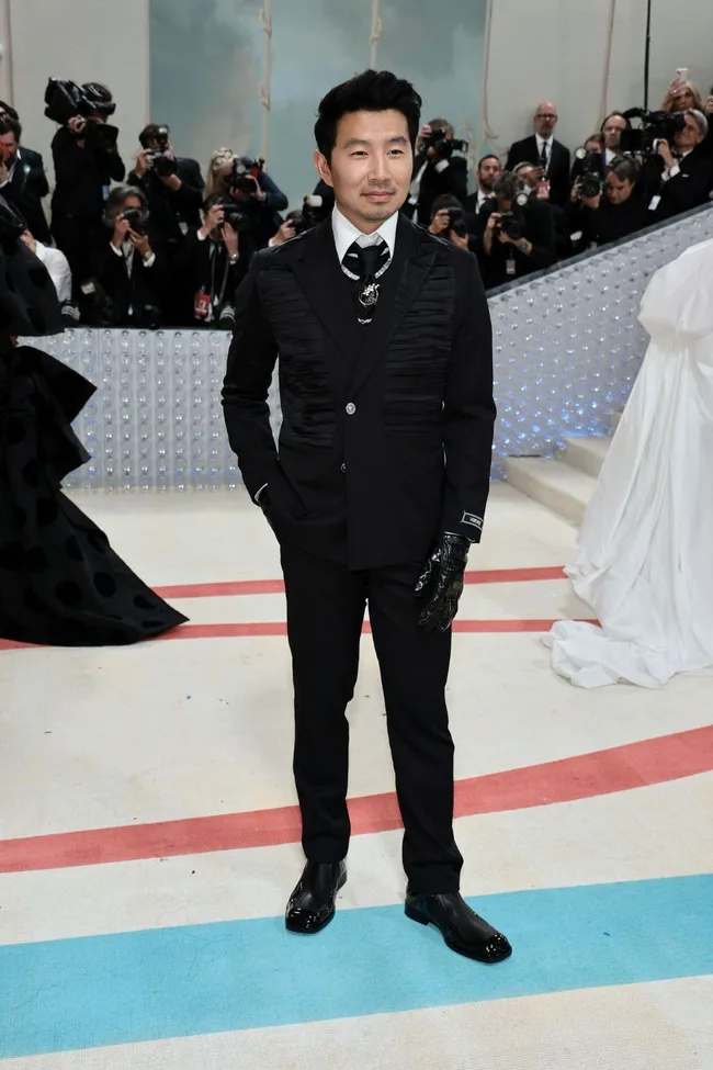 Man in a black suit with a tie and gloves on the Met Gala 2023 red carpet, with photographers in the background.