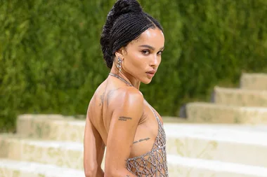 Celebrity in a bejeweled, backless dress, with braided hair and tattoos, posing at an event with green background.