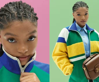 Two images of a woman in a multicolored jacket: one close-up, one half-body shot with a Gucci Horsebit bag.