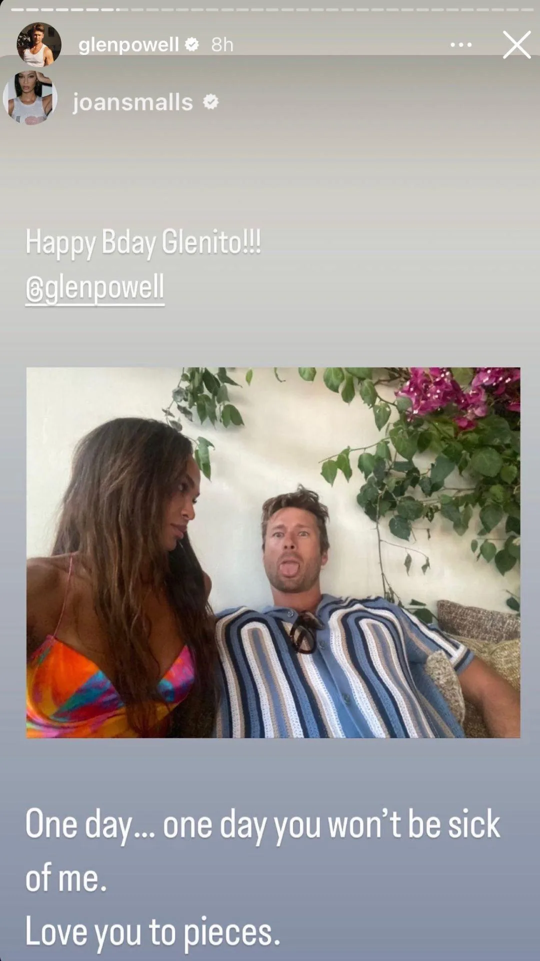 glen powell and joan smalls on instagram stories