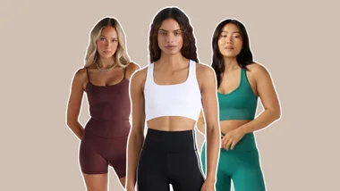 Three women in various workout outfits, featuring brown, white, and teal sports bras with matching shorts or leggings.