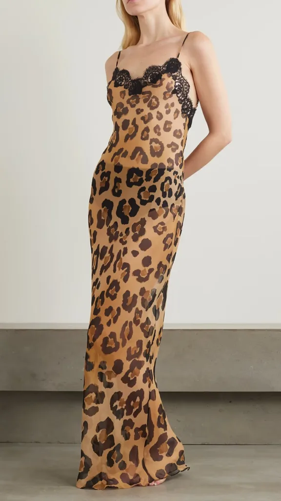 A leopard print semi transparent lace-georgette slip dress from Rosamosario. Featuring a scooped back and black lace detailing.