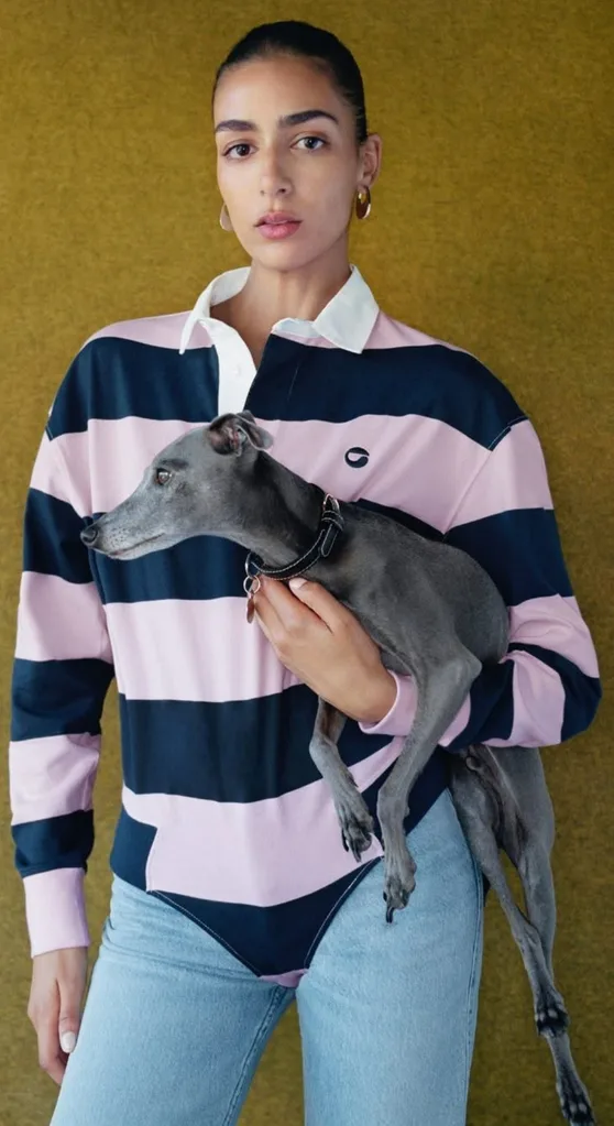 Model wearing a striped shirt and holding a grey dog