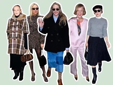 Five people styled in diverse fashionable outfits, each with distinct looks and accessories, standing against a light background.