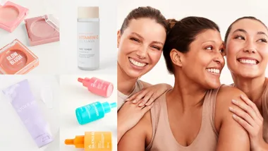 Three young women with beautiful skin smiling on left, and Kmart makeup, skincare and serum on left.