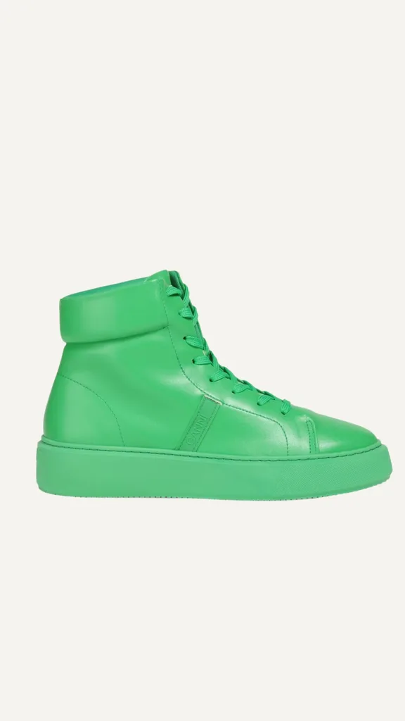 Basketball inspired faux leather topped sneakers from GANNI in lime cream shade.