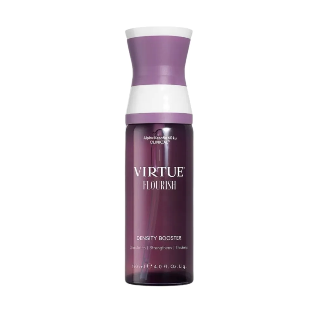 The Virtue Labs Flourish Density Booster is a lightweight serum that supports the growth of fine "baby hairs", allowing your mane to reach it's full potential. It comes in a clear plastic purple bottle with a cap and a spray nozzle for easily reaching your roots. $71.00 at Adore Beauty.