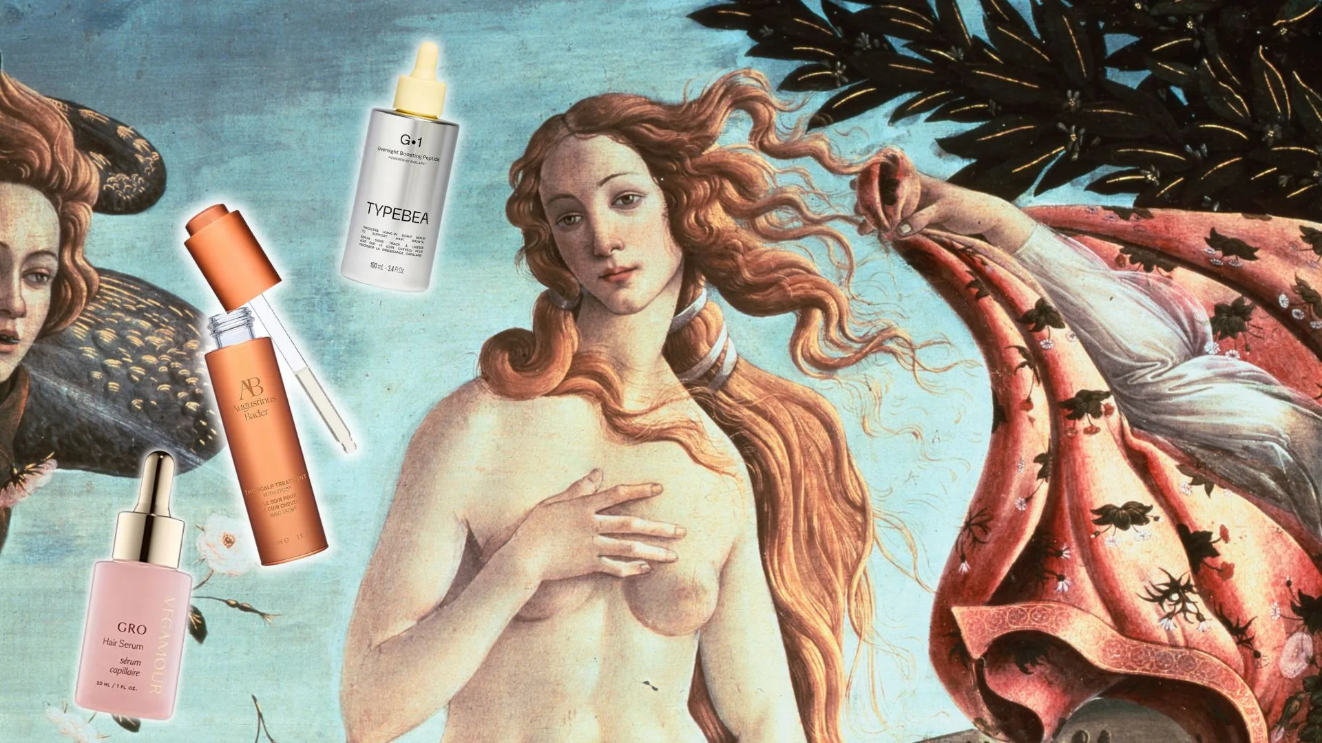 Top picks for the ELLE teams best hair growth serums list, including Typebea G1 Overnight boosting Peptide serum, Augustinus Bader The Scalp Treatment and Vegamour Gro Hair Serum, are super imposed over Botticelli's The Birth of Venus.
